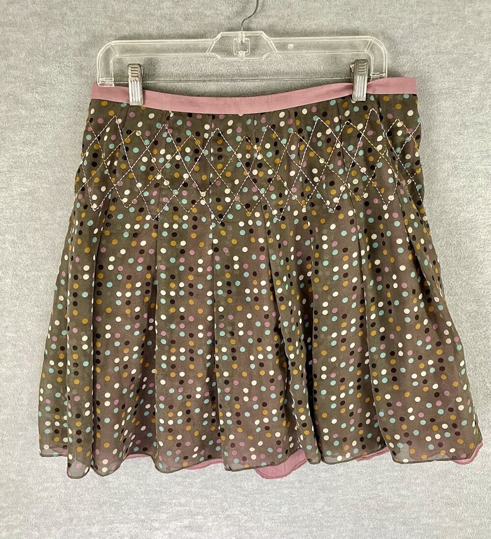 NWT Fossil 8 Mini Skirt Pleated Layered Brown Pink Polka Dots Embroidered